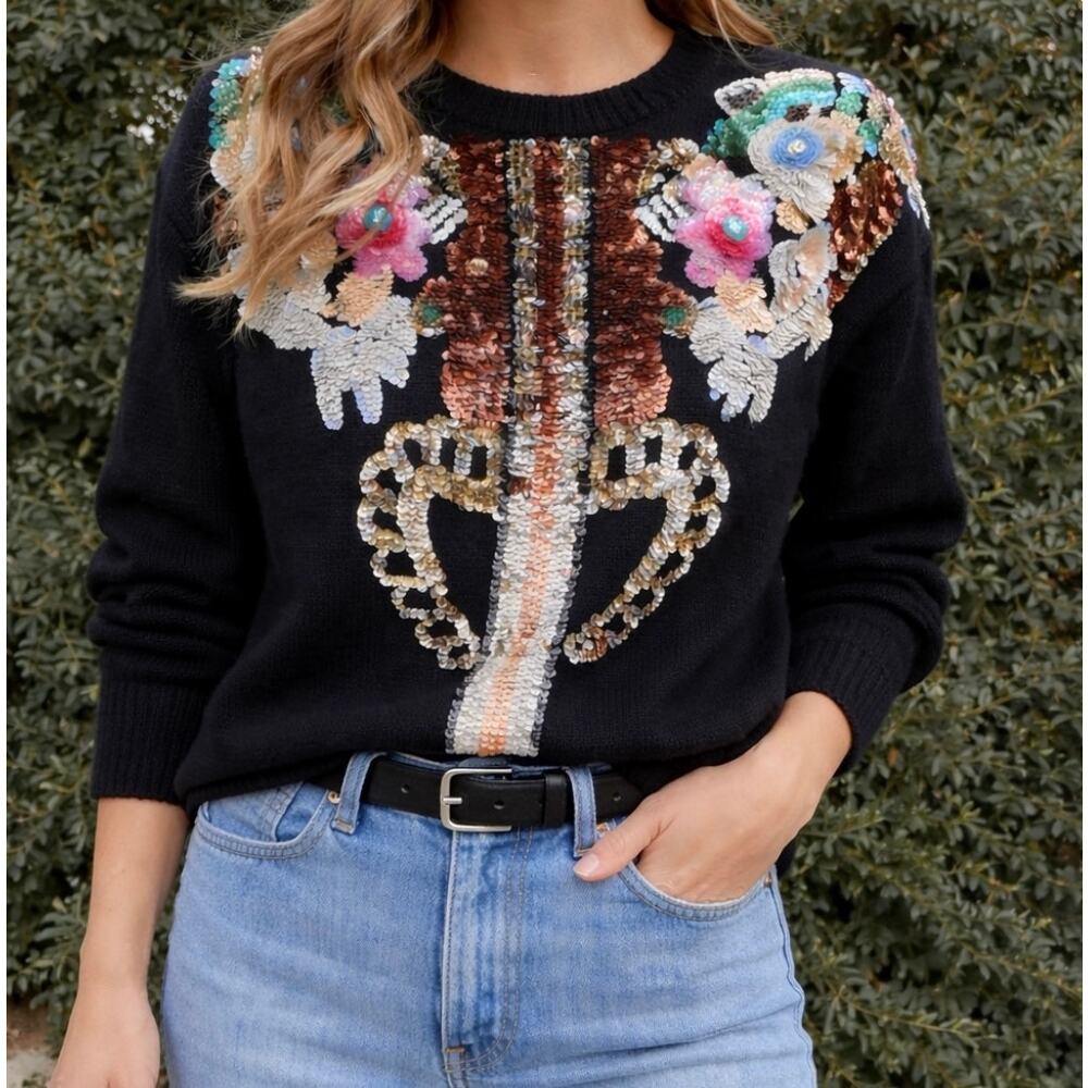 Vintage Marnie West Silk Angora Floral Sequins Black Soft Pullover Sweater